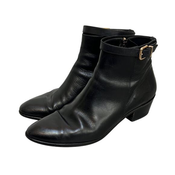 J.CREW Collection 8.5 Black Leather Ankle Boots Bootie Gold Buckle Heel Italy - Picture 1 of 7